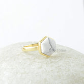 White Howlite Ring, White Howlite 10mm Hexagon Gemstone Ring, 18k Gold Plated Ring, Silver Ring, Gemstone Jewelry, jewelry Gift For Mother